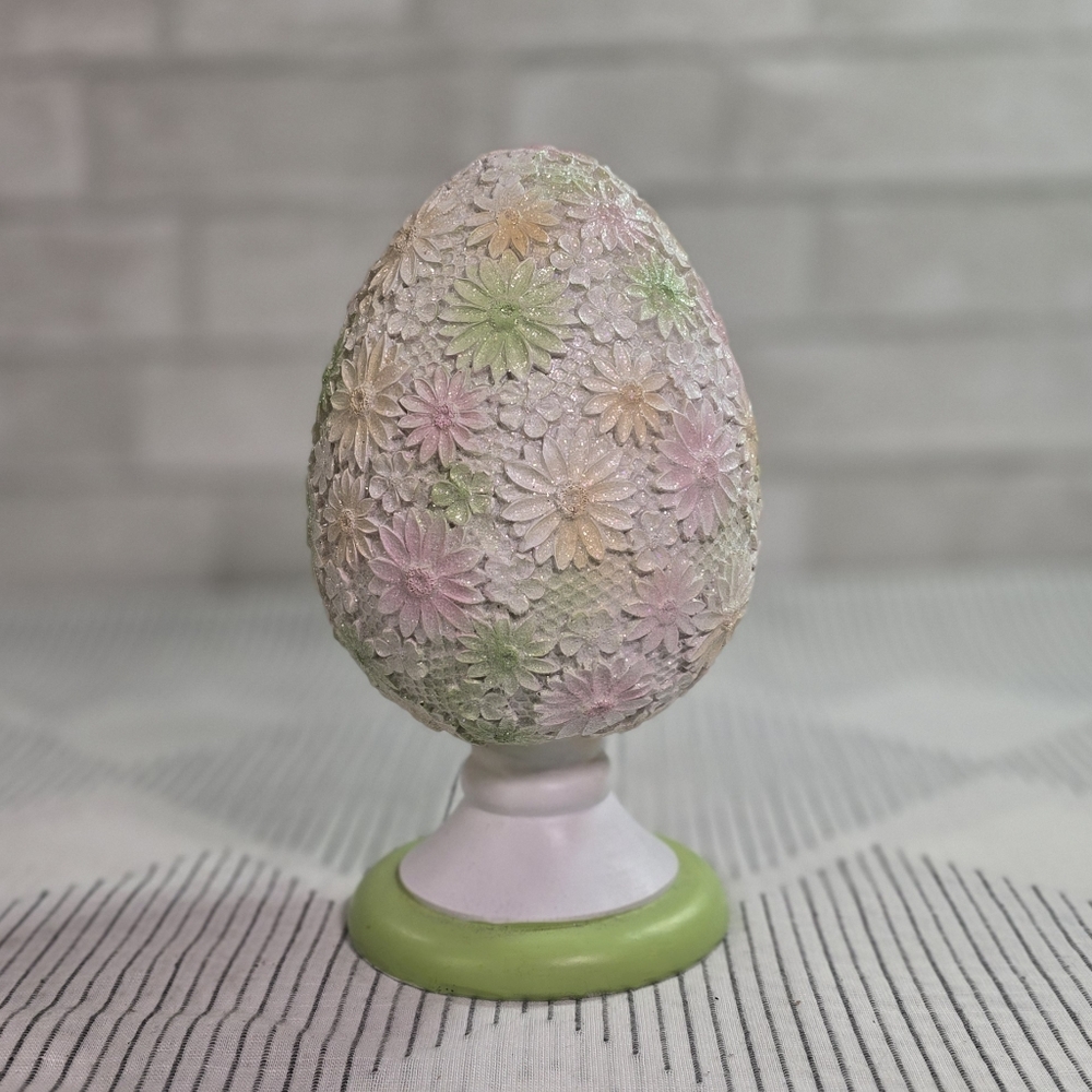 Pink & Green Pastel Flower Egg Pedestal Easter Sparkle Floral Spring Decor 9.25"
